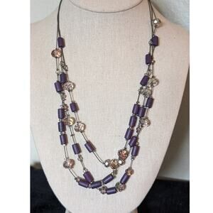 Charming Charlie Purple Wood Smoky Lavender Crystal Gun Metal 3 Strand Necklace